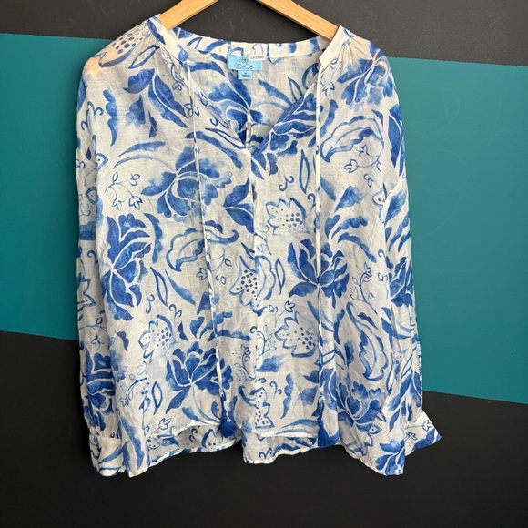 CeCe Blue and White Floral Blouse - Picture 7 of 10